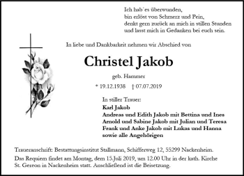 Traueranzeige von Christel Jakob von vrm-trauer