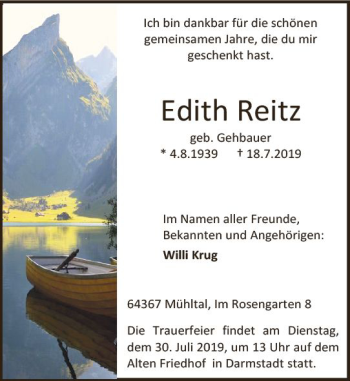 Traueranzeige von Edith Reitz von vrm-trauer