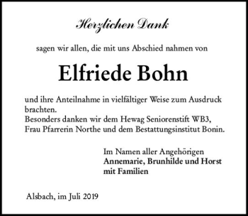 Traueranzeige von Elfriede Bohn von vrm-trauer