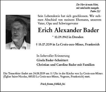 Traueranzeige von Erich Alexander Bader von vrm-trauer