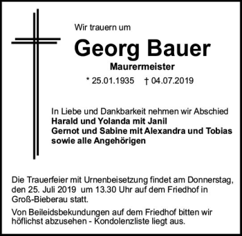 Traueranzeige von Georg Bauer von vrm-trauer