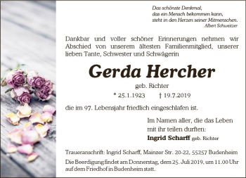 Traueranzeige von Gerda Hercher von vrm-trauer