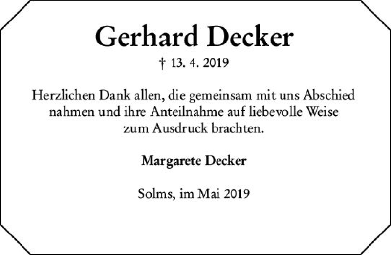 Traueranzeige für Gerhard Decker vom 22.05.2019 aus  Dill Block ()