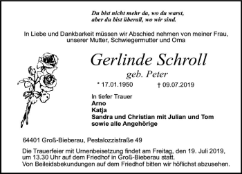 Traueranzeige von Gerlinde Schroll von vrm-trauer