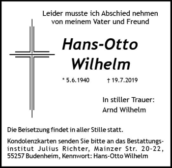 Traueranzeige von Hans-Otto Wilhelm von vrm-trauer