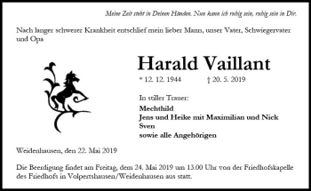 Traueranzeige von Harald Vaillant von  WNZ - Wetzlarer Neue Zeitung ()