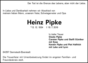 Traueranzeige von Heinz Pipke von vrm-trauer