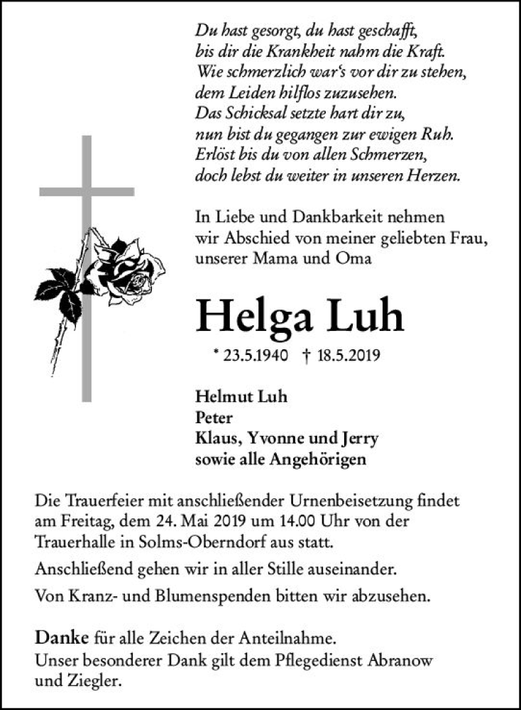  Traueranzeige für Helga Luh vom 22.05.2019 aus  WNZ - Wetzlarer Neue Zeitung ()