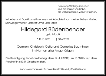 Traueranzeige von Hildegard Büdenbender von vrm-trauer