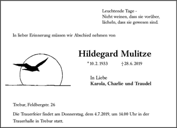 Traueranzeige von Hildegard Mulitze von vrm-trauer