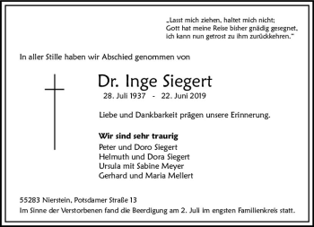 Traueranzeige von Inge Siegert von vrm-trauer