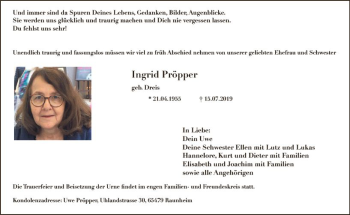 Traueranzeige von Ingrid Pröpper von vrm-trauer