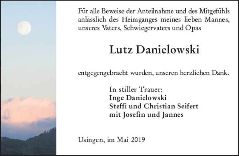  Traueranzeige für Lutz Danielowski vom 22.05.2019 aus  Usinger Anzeiger