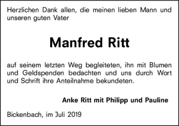 Traueranzeige von Manfred Ritt von vrm-trauer