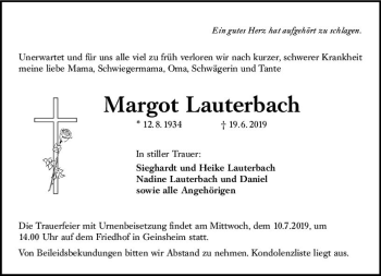 Traueranzeige von Margot Lauterbach von vrm-trauer