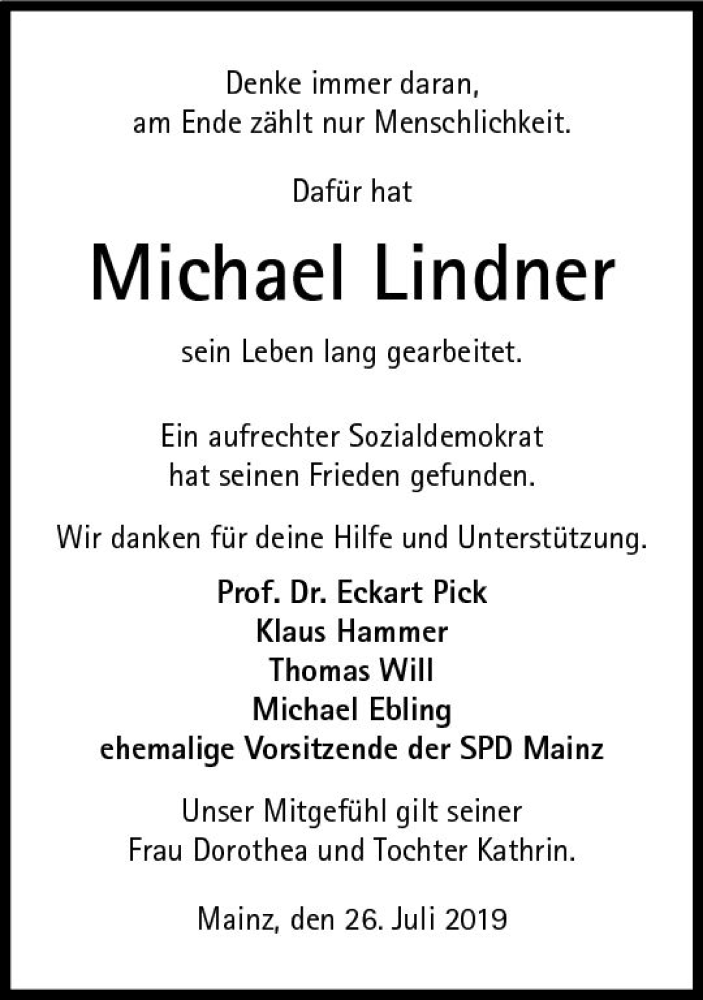  Traueranzeige für Michael Lindner vom 26.07.2019 aus vrm-trauer
