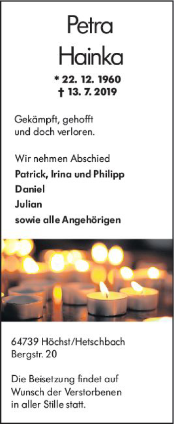 Traueranzeige von Petra Hainka von vrm-trauer