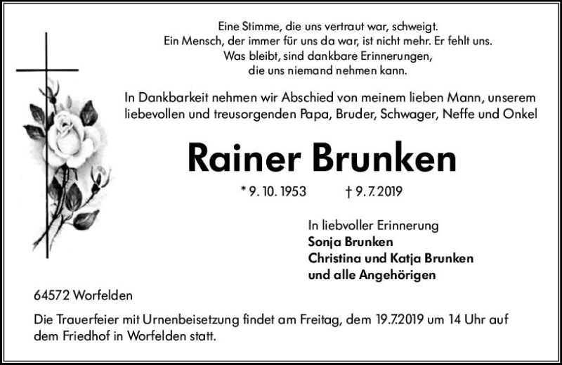  Traueranzeige für Rainer Brunken vom 13.07.2019 aus vrm-trauer