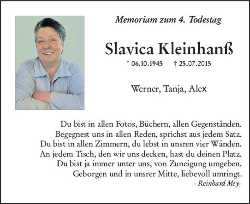  Traueranzeige für Slavica Kleinhanß vom 25.07.2019 aus vrm-trauer