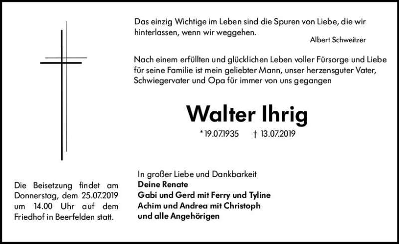  Traueranzeige für Walter Ihrig vom 20.07.2019 aus vrm-trauer