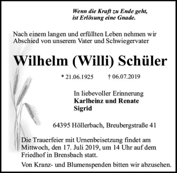 Traueranzeige von Wilhelm Schüler von vrm-trauer