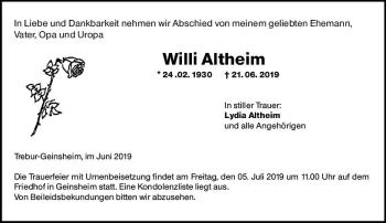 Traueranzeige von Wilhelm Ludwig Altheim von vrm-trauer