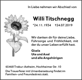 Traueranzeige von Willi Titschnegg von vrm-trauer
