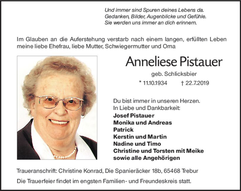  Traueranzeige für Anneliese Pistauer vom 01.08.2019 aus vrm-trauer