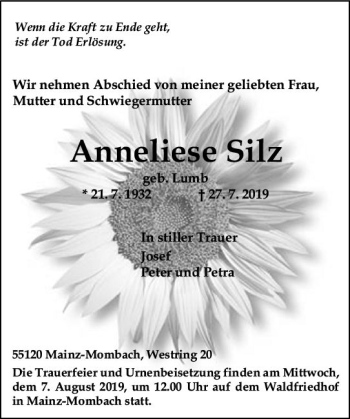 Traueranzeige von Anneliese Silz von vrm-trauer