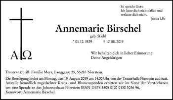 Traueranzeige von Annemarie Birschel von vrm-trauer