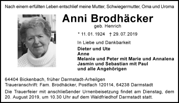 Traueranzeige von Anni Brodhäcker von vrm-trauer
