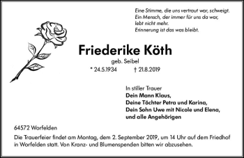 Traueranzeige von Friederike Köth von vrm-trauer