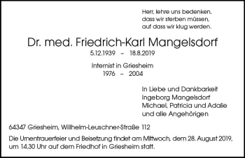 Traueranzeige von Friedrich-Karl Mangelsdorf von vrm-trauer