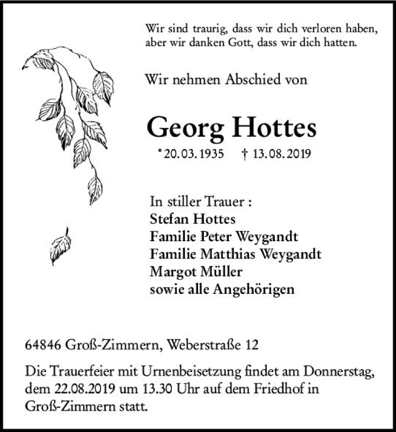  Traueranzeige für Georg Hottes vom 17.08.2019 aus vrm-trauer