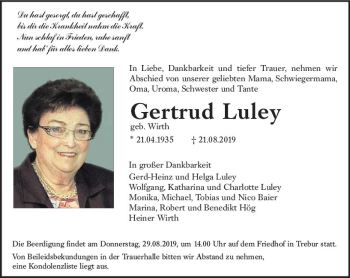 Traueranzeige von Gertrud Luley von vrm-trauer