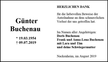 Traueranzeige von Günter Buchenau von vrm-trauer