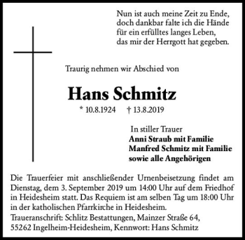 Traueranzeige von Hans Schmitz von vrm-trauer
