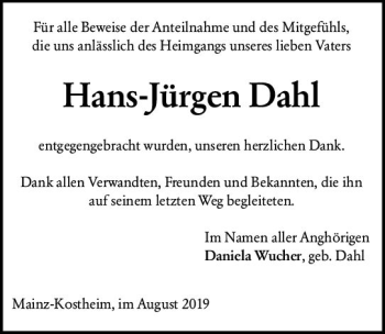 Traueranzeige von Hans Jürgen Dahl von vrm-trauer