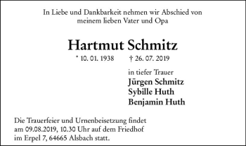 Traueranzeige von Hartmut Schmitz von vrm-trauer