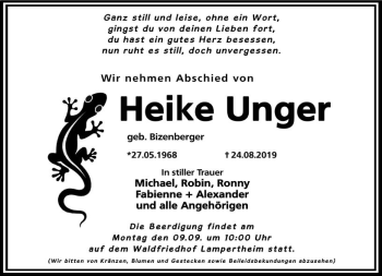 Traueranzeige von Heike Unger von vrm-trauer