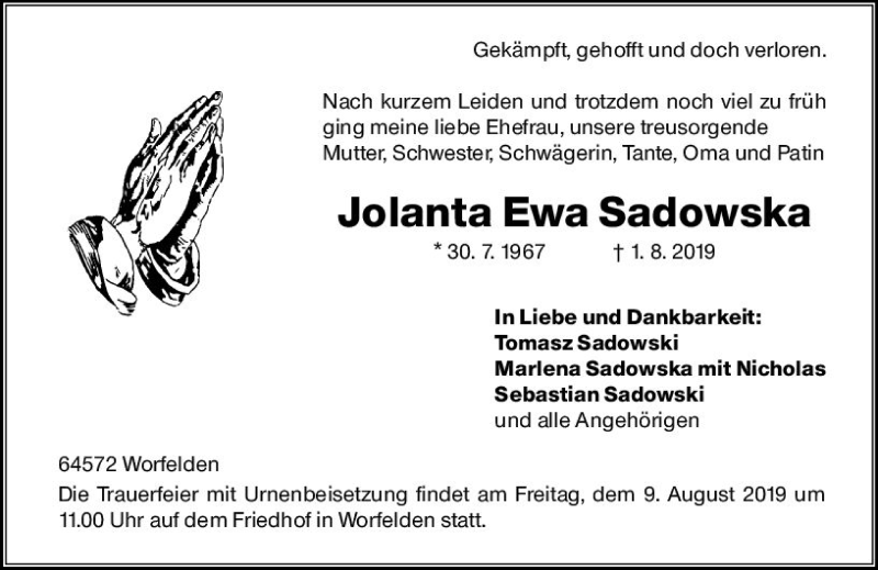  Traueranzeige für Jolanta Ewa Sadowska vom 08.08.2019 aus vrm-trauer
