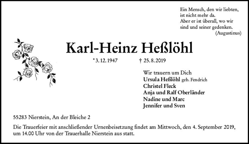  Traueranzeige für Karl-Heinz Heßlöhl vom 31.08.2019 aus vrm-trauer