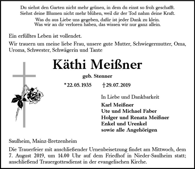  Traueranzeige für Käthi Meißner vom 03.08.2019 aus vrm-trauer