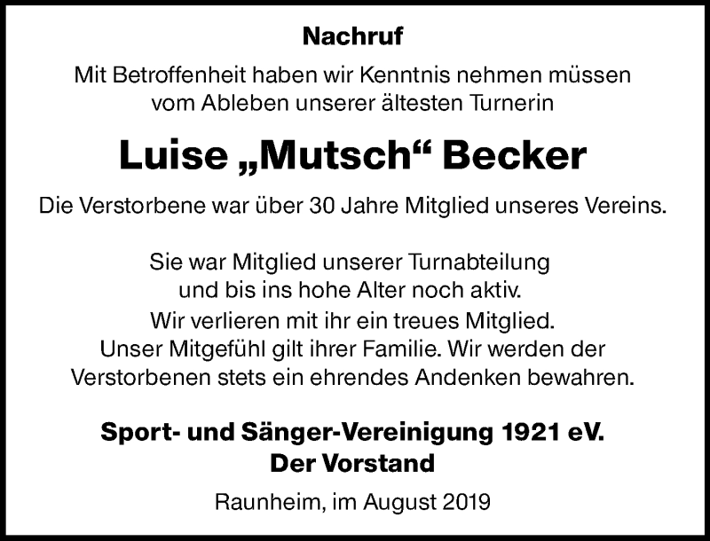  Traueranzeige für Luise Becker vom 10.08.2019 aus vrm-trauer