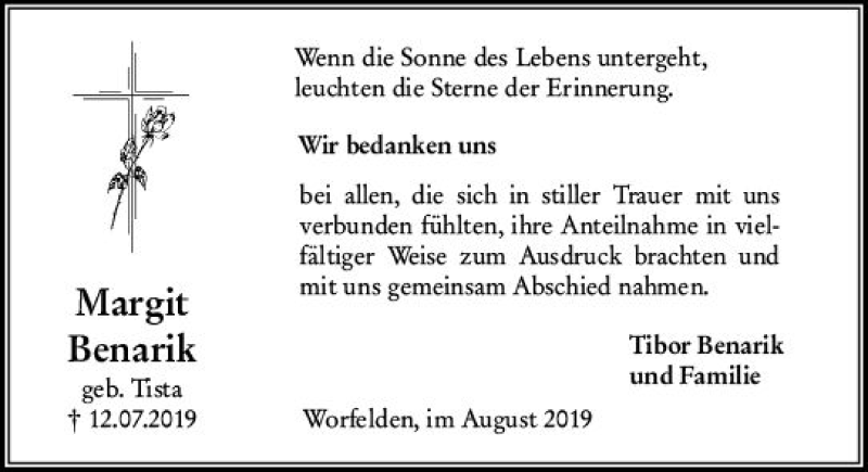  Traueranzeige für Margit Benarik vom 24.08.2019 aus vrm-trauer
