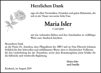 Traueranzeige von Maria Isler von vrm-trauer