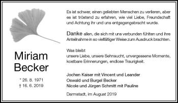 Traueranzeige von Miriam Becker von vrm-trauer