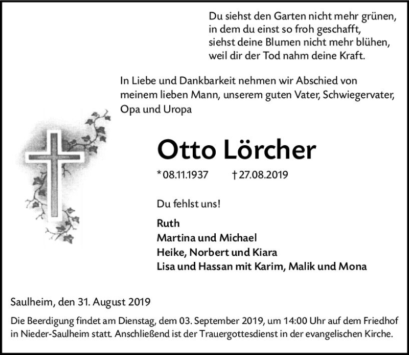  Traueranzeige für Otto Lörcher vom 31.08.2019 aus vrm-trauer