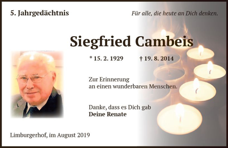  Traueranzeige für Siegfried Cambeis vom 19.08.2019 aus vrm-trauer