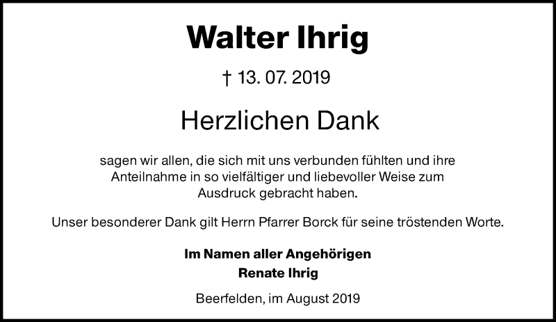  Traueranzeige für Walter Ihrig vom 10.08.2019 aus vrm-trauer